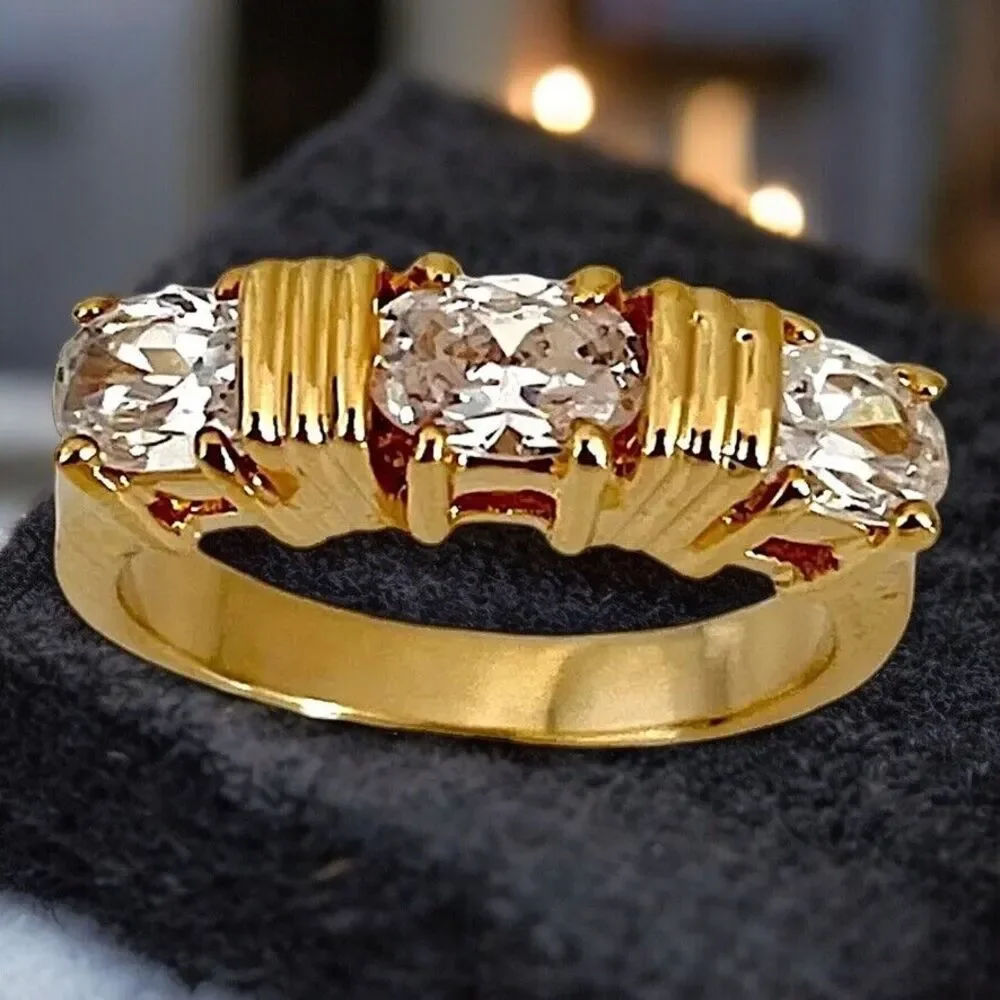 Vintage 1980s Ring Size 6 CZ Three Stone Textured Gold Plated Band - 14S
